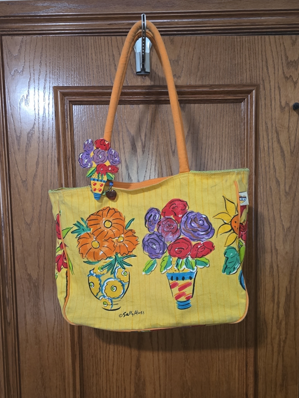 Sally Huss, Bright Yellow Floral Tote Bag with Orange Handles